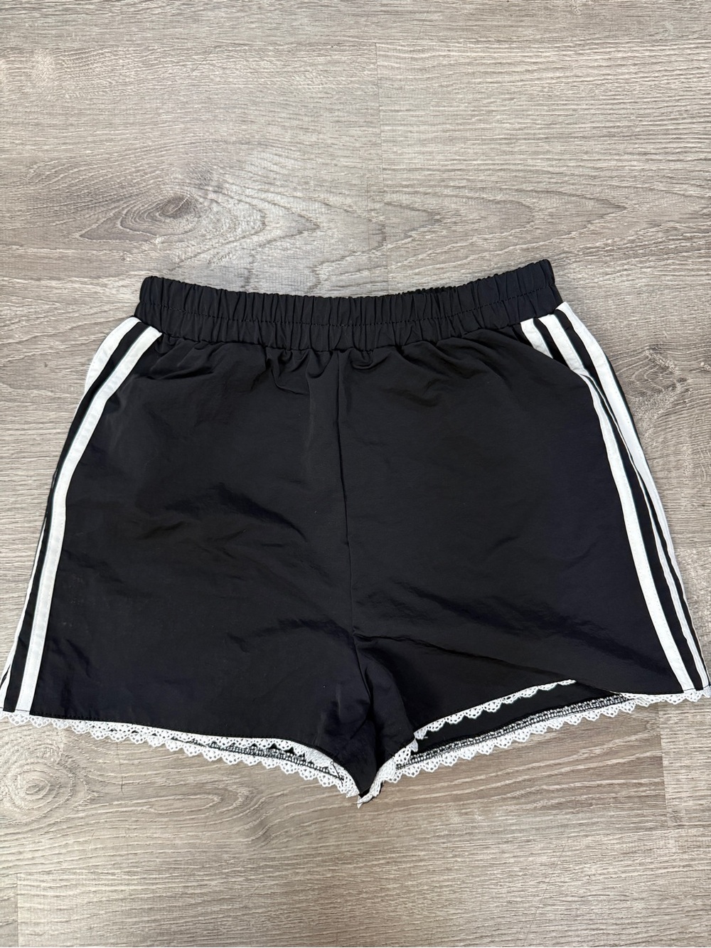 Black Lace-Trim Athletic Shorts with Side Stripes